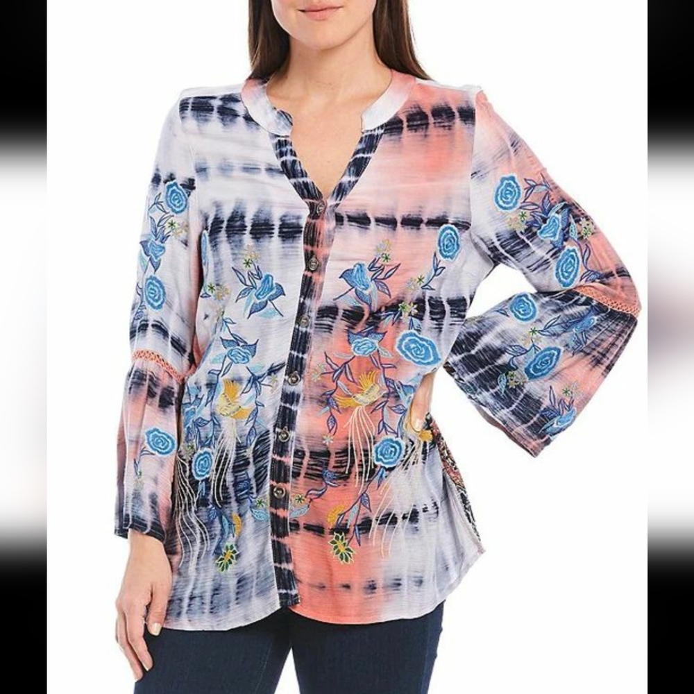 Calessa Embroidered Tie Dye Bell Sleeve Top Size L